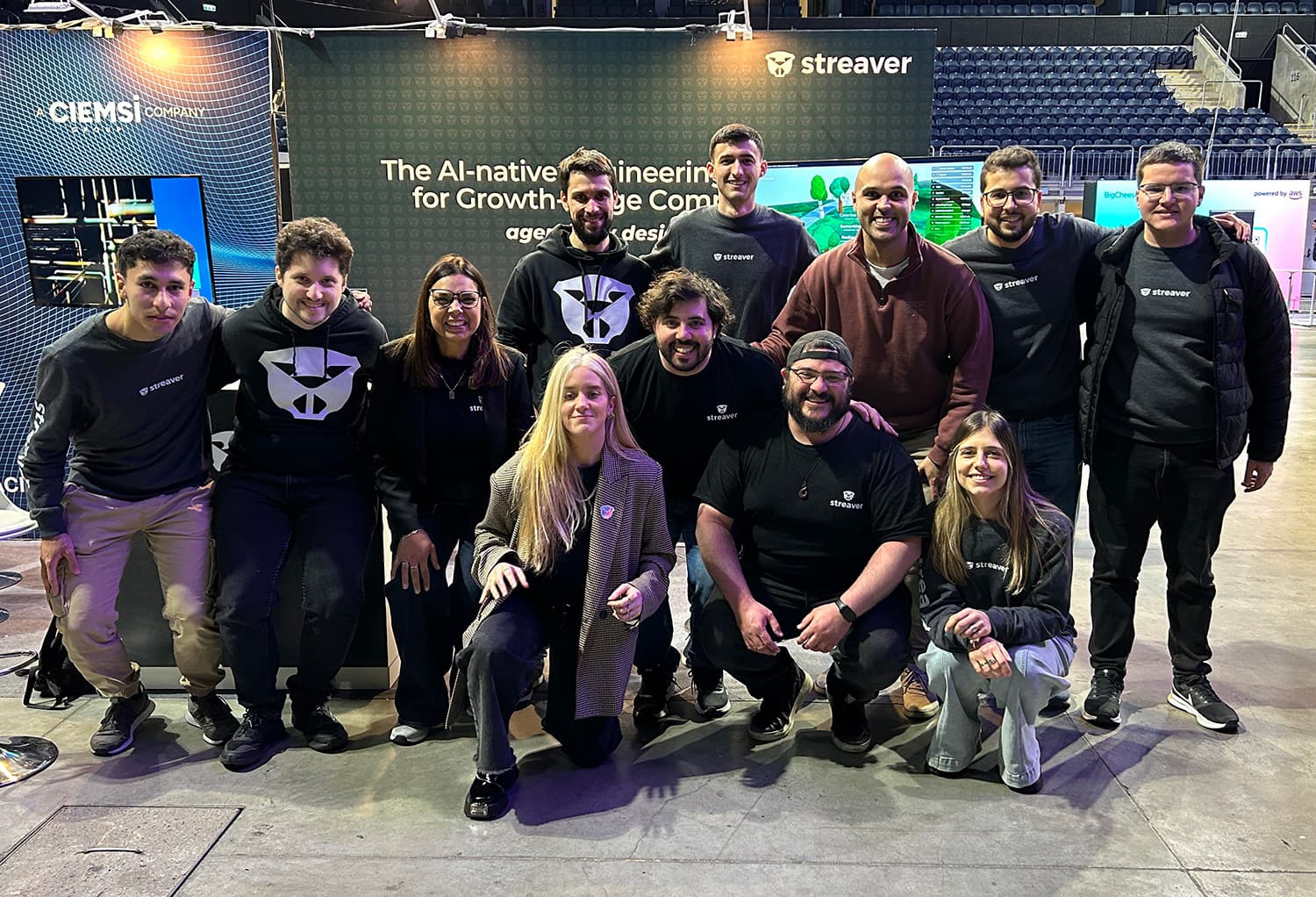 The Streaver team in the new merch in front of the stand at IT Builders Live 2026, Antel Arena