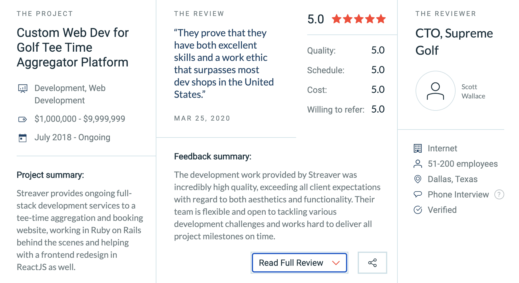 Streaver's five-star review by Supreme Golf's CTO