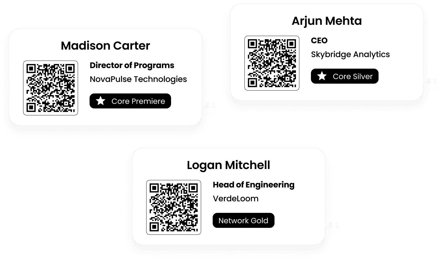 Three PRN event badges, each showing an attendee's name, title, company, QR code and membership tier — Core Premiere, Core Silver and Network Gold.
