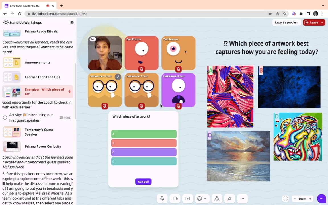 Prisma LIVE in session: a workshop activity asking learners which artwork captures how they feel, with every learner present as a video tile and a live poll on the right.