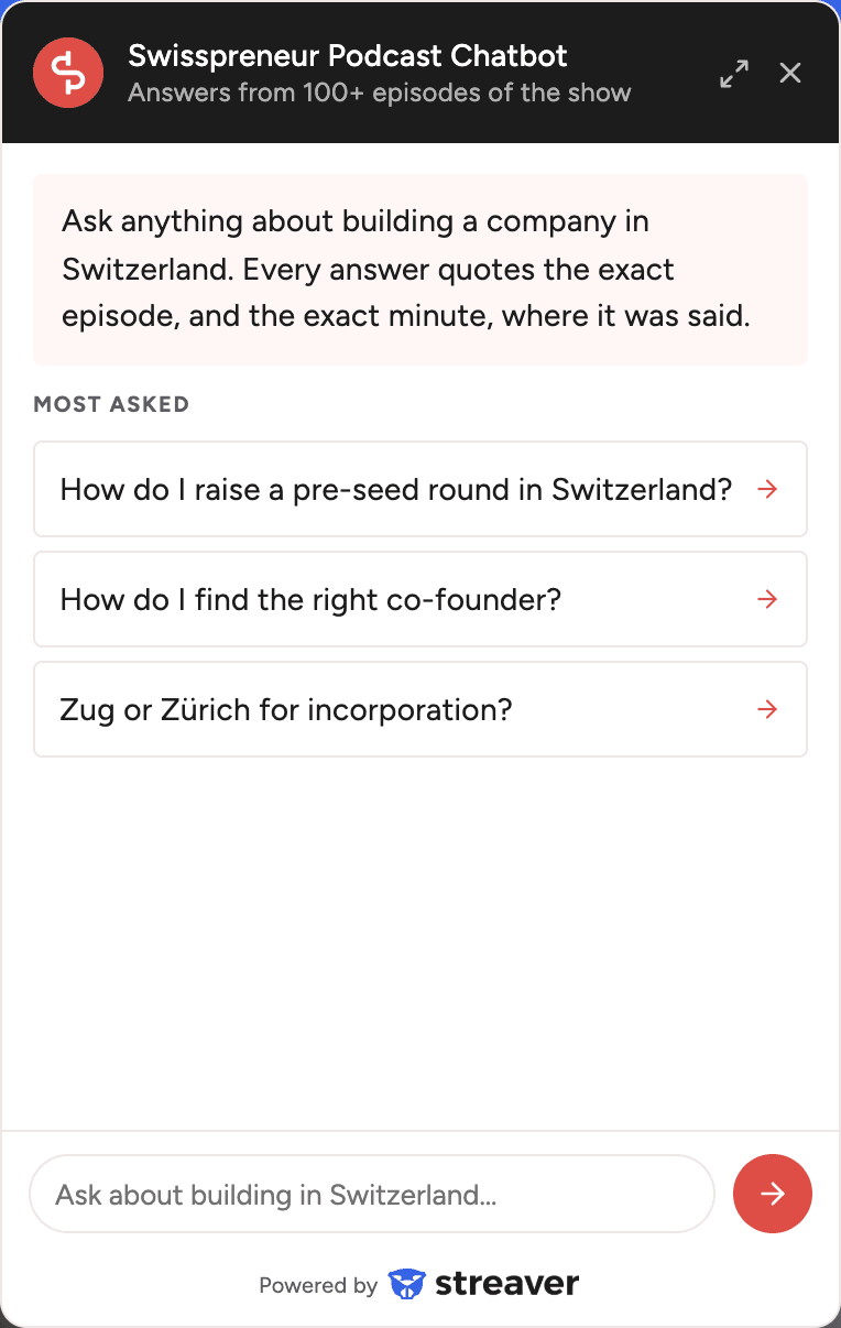 The Ask Swisspreneur widget open on its entry state, inviting a question about building a company in Switzerland and offering three suggested questions: raising a pre-seed round, finding a co-founder, and choosing between Zug and Zürich for incorporation.