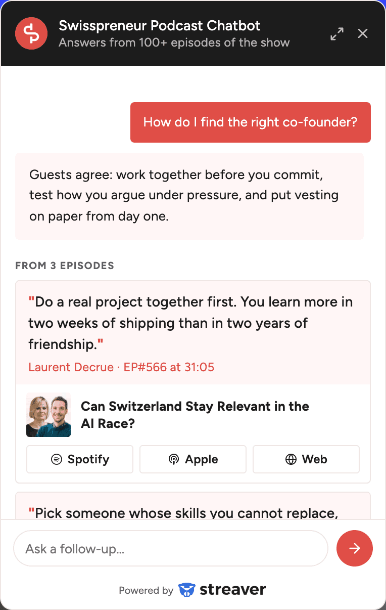 A multi-episode answer: a synthesized reply drawn from three episodes, each with its own quote, guest attribution, episode number, timestamp, and links out.