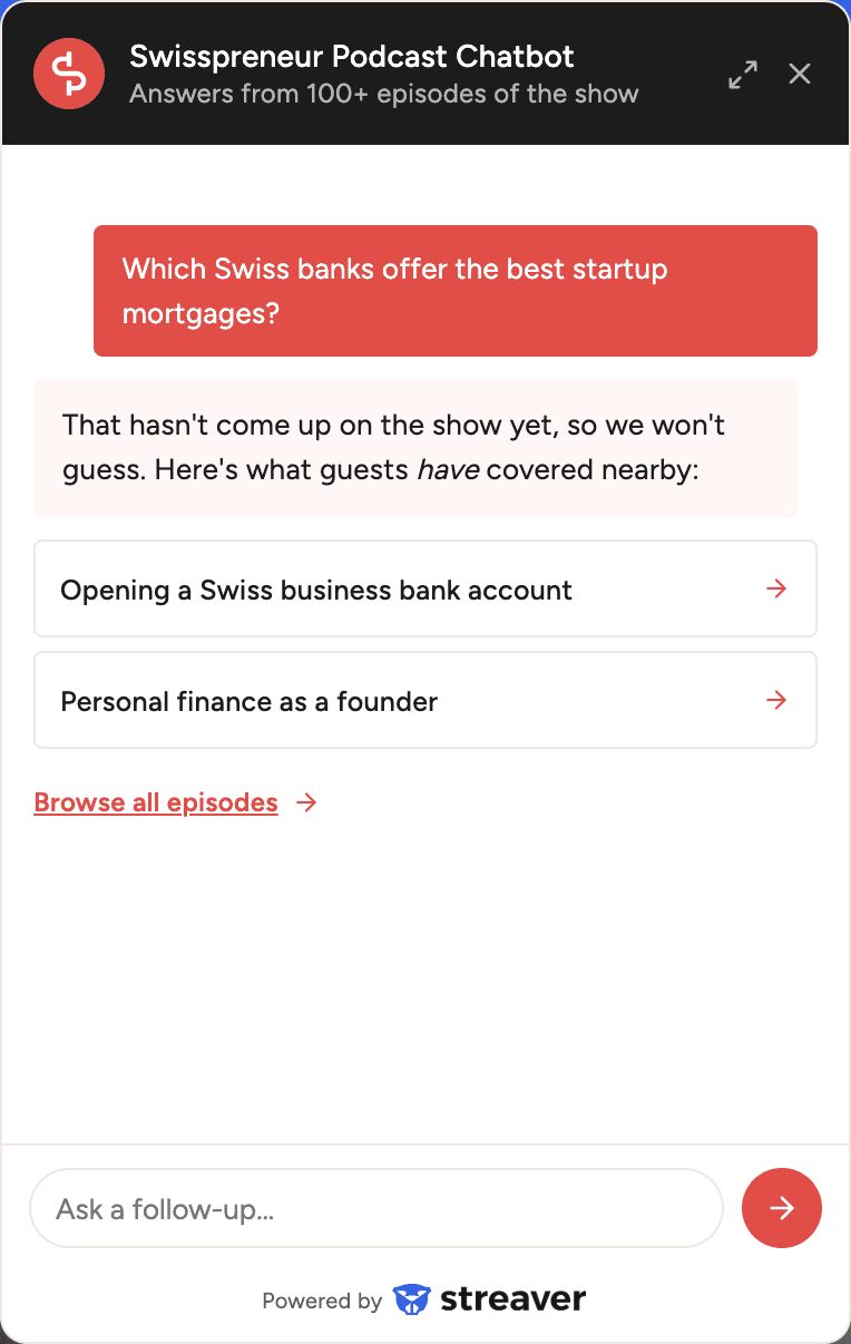 The Ask Swisspreneur widget gracefully declining a question the archive hasn't covered, and suggesting the nearest related topics instead of guessing.