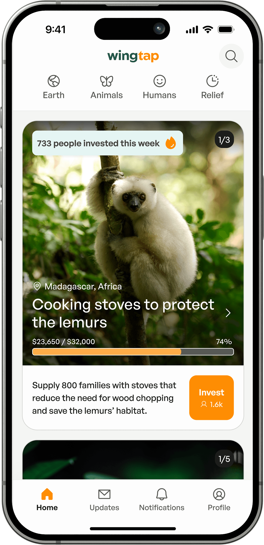 Wingtap Discover feed — donors browse vetted campaigns by cause, each card showing live funding progress and an Invest action.