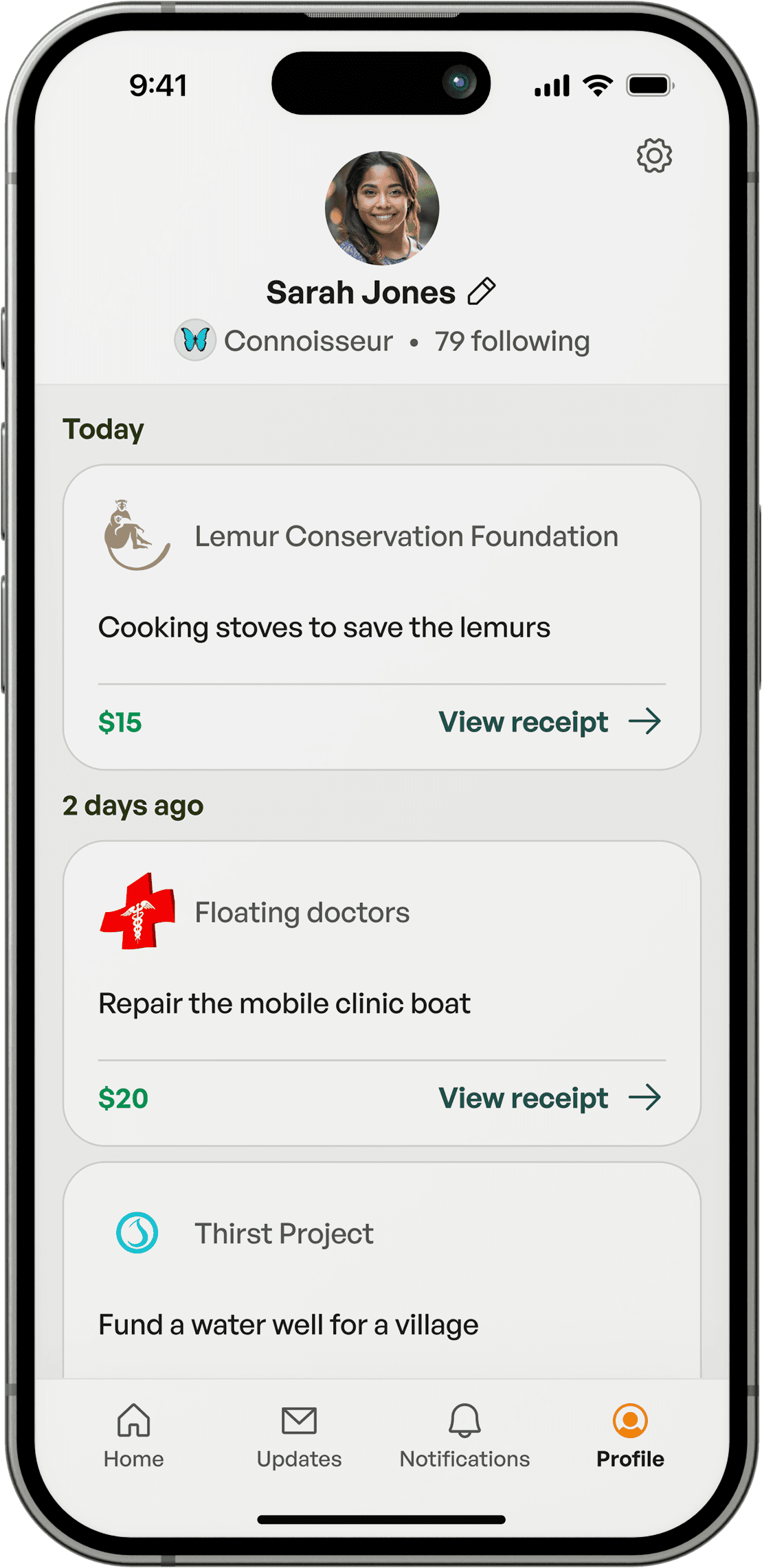 Wingtap donor profile — a giving history with amounts and a receipt for each donation.