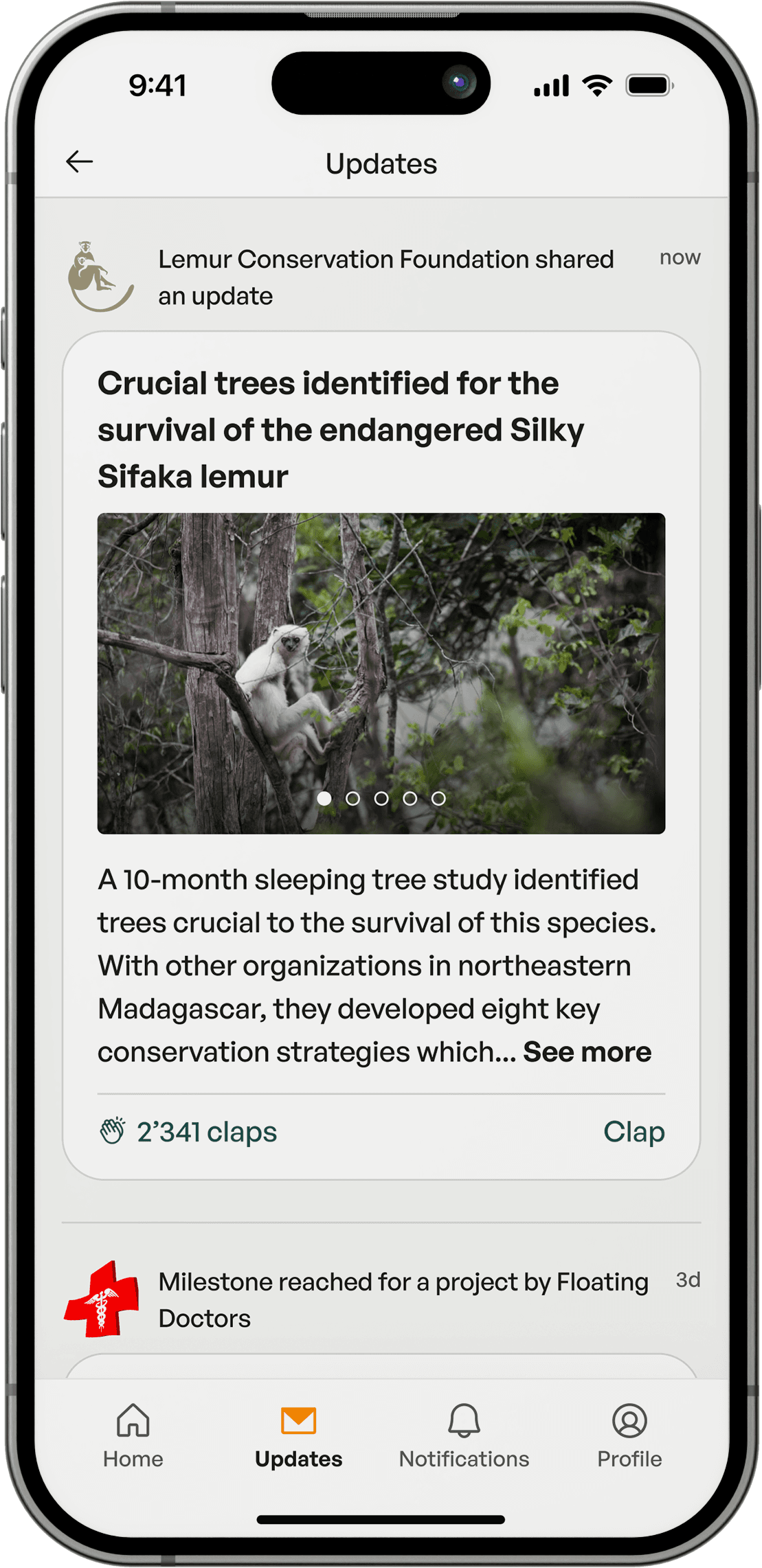 Wingtap Updates feed — funded organisations post progress reports that donors can react to.
